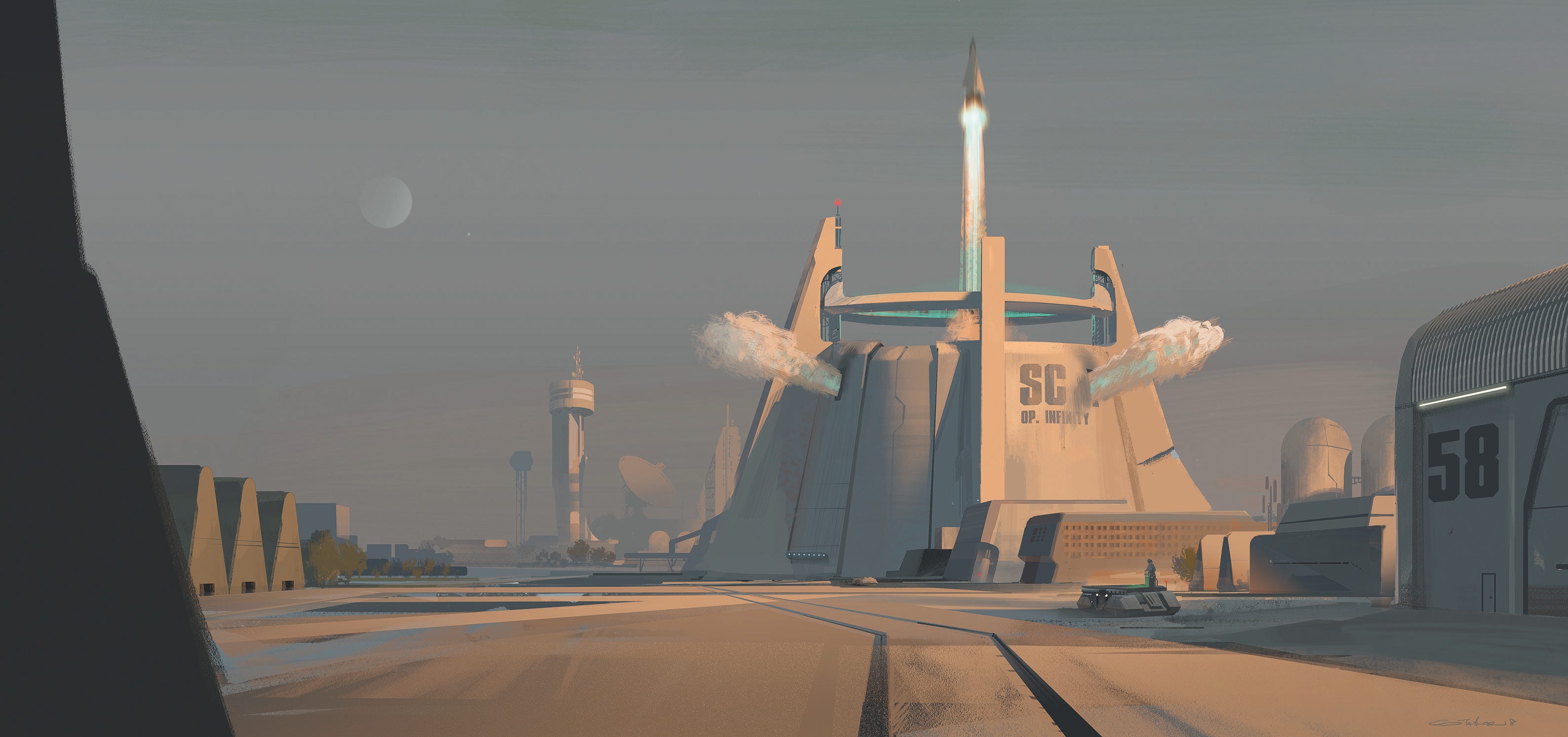 lightyear environment concept art, with a shuttle taking off from a tranquil, futuristic launchpad